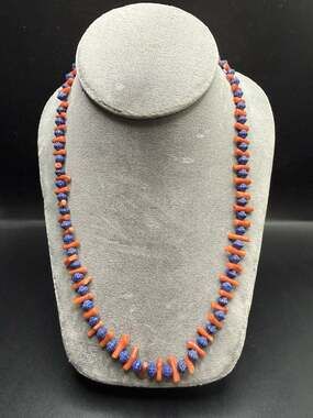 Vintage Genuine Branch Coral & Czech Glass Egyptian Revival Necklace 20"